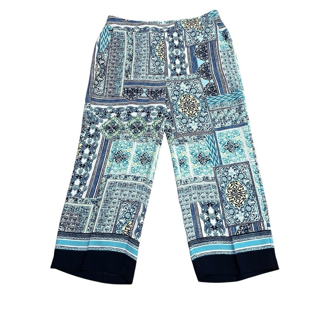 CHICOS PULL ON PANTS CROP ARTSY ABSTRACT GEOMETRIC SZ 1 MEDIUM COLORFUL COASTAL